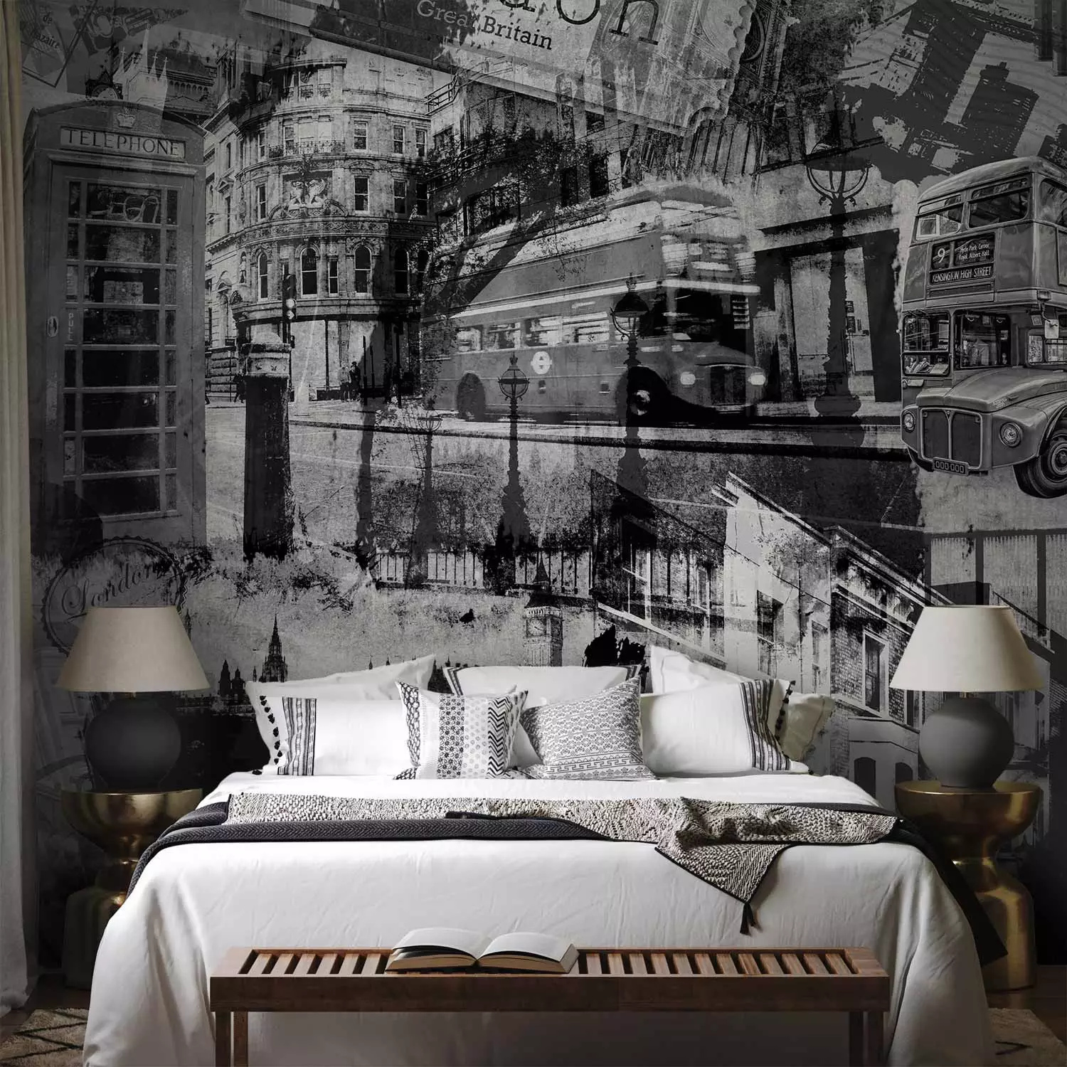 Wall Mural London - black and white collage with architectural and  automotive elements - bimago