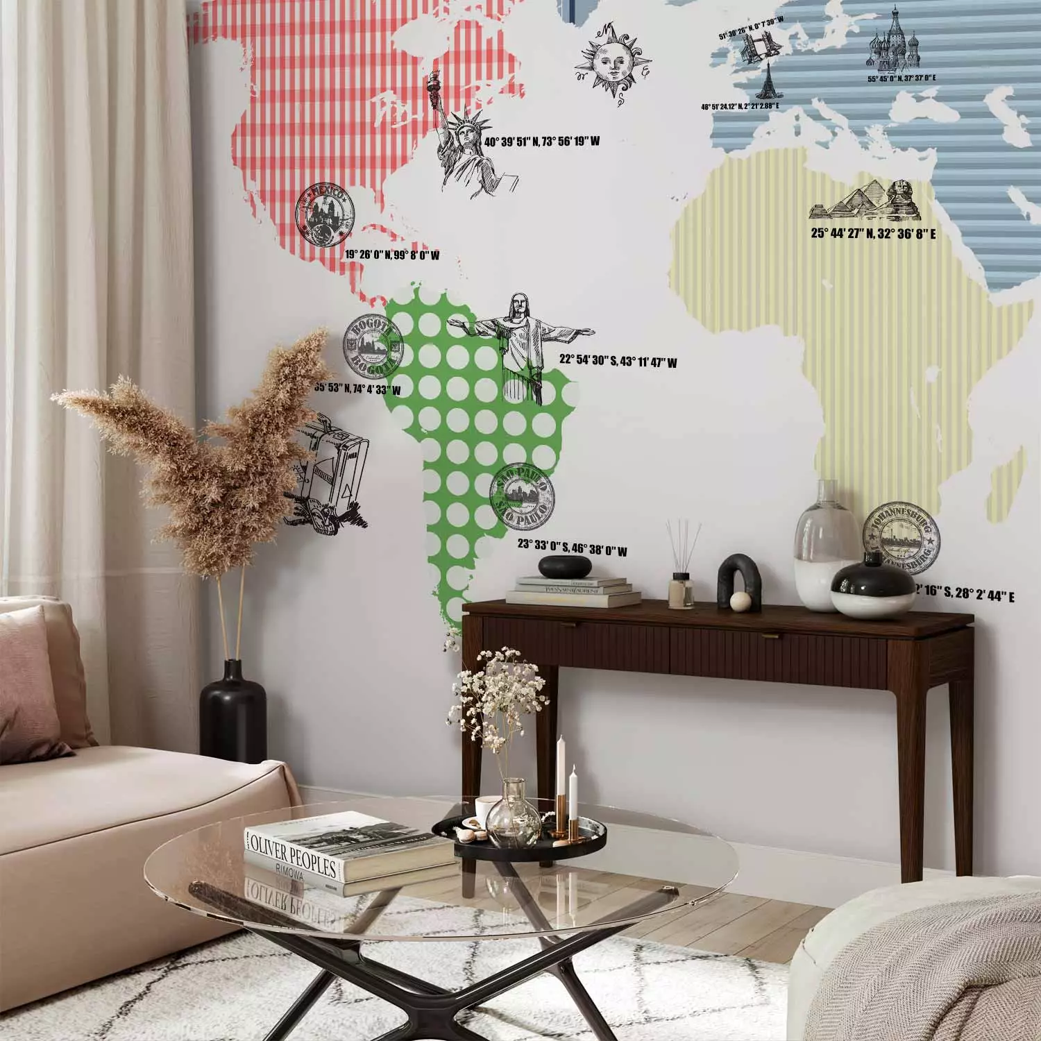 Wall Mural World map - outline of continents with coloured patterns on a white background