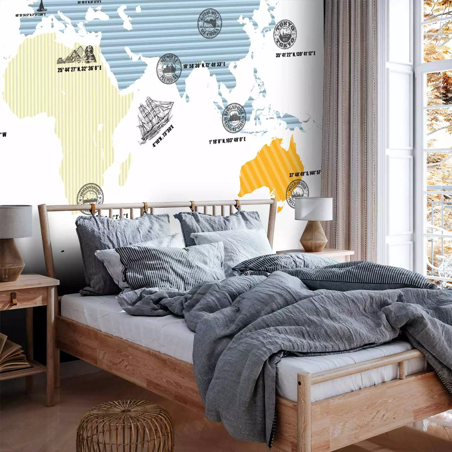 Wall Mural World map - outline of continents with coloured patterns on a white background