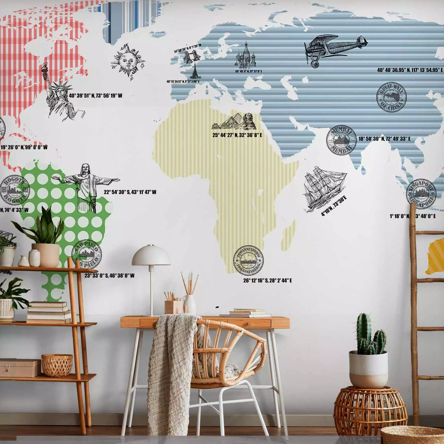 Wall Mural World map - outline of continents with coloured patterns on a white background