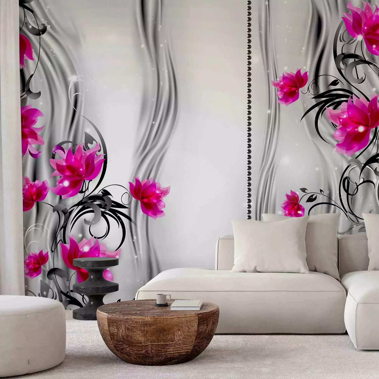 Wall Mural Pink flowers - floral motif on a background of subtle patterns with shine