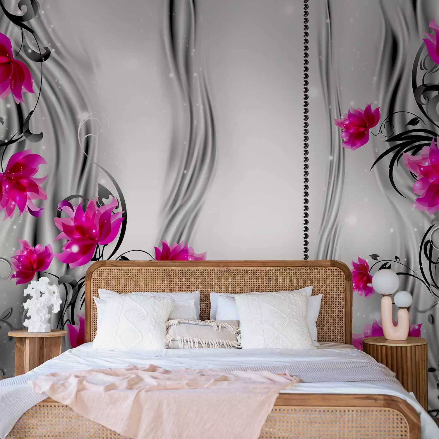 Wall Mural Pink flowers - floral motif on a background of subtle patterns with shine