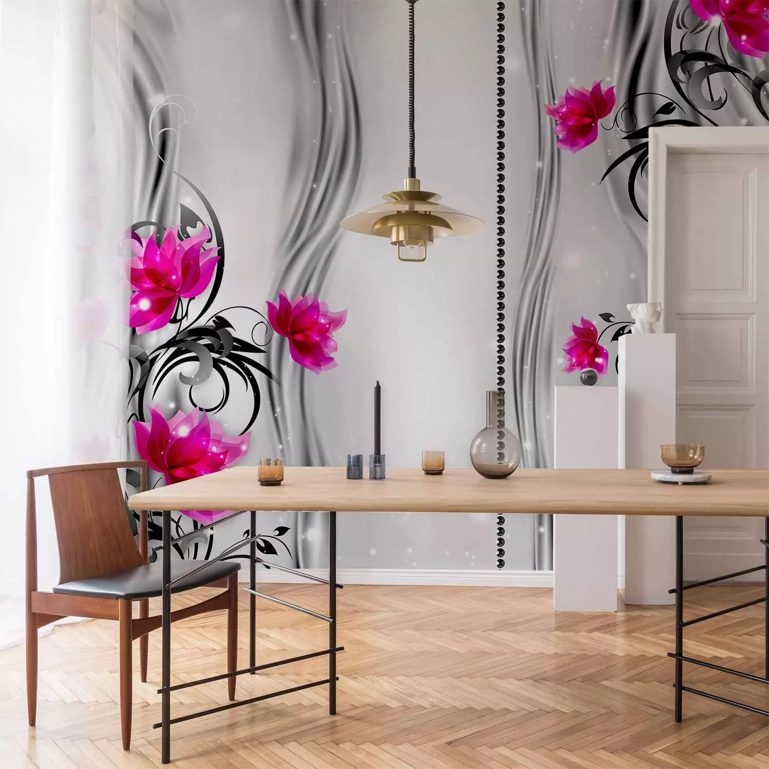 Wall Mural Pink flowers - floral motif on a background of subtle patterns with shine