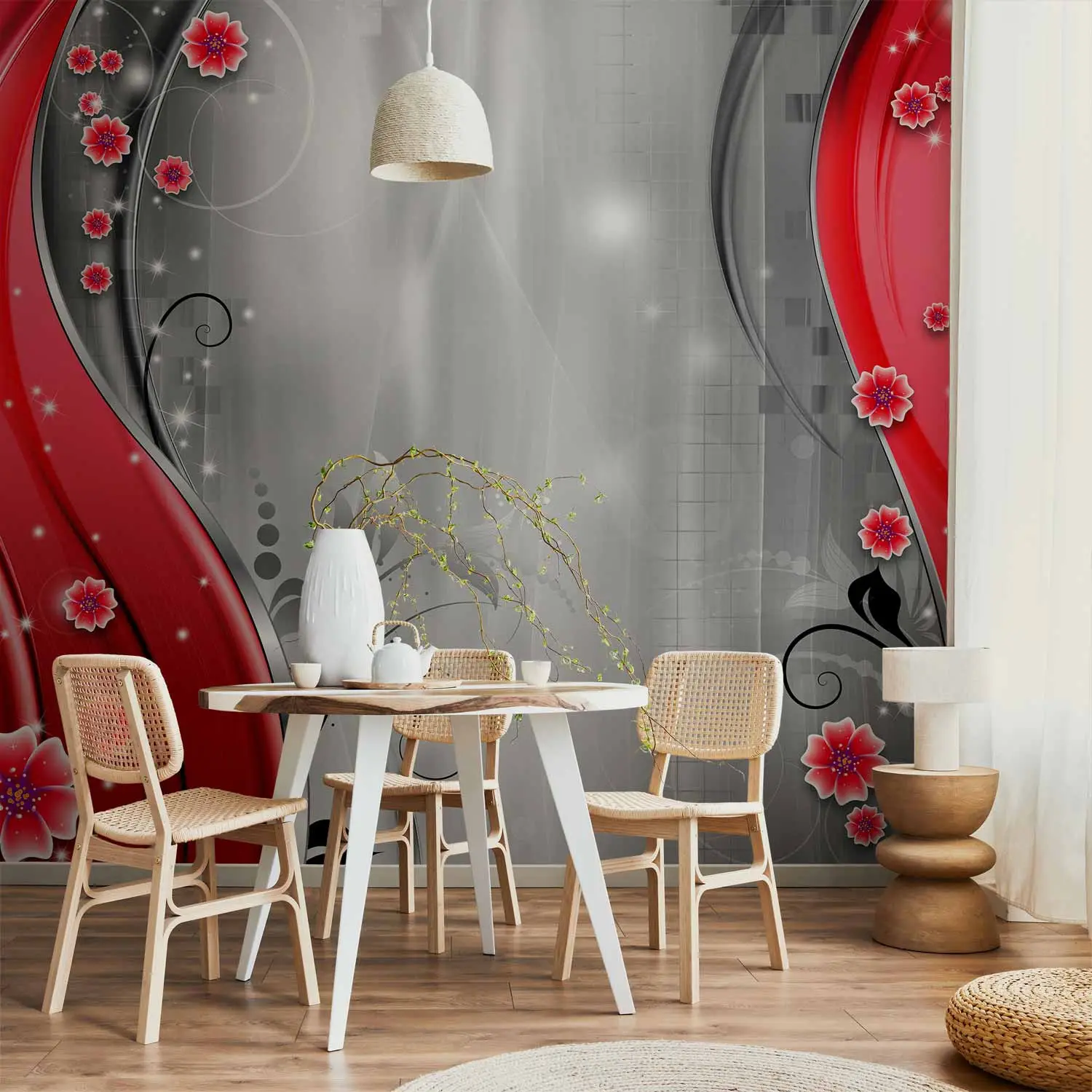 red and grey floral wallpaper
