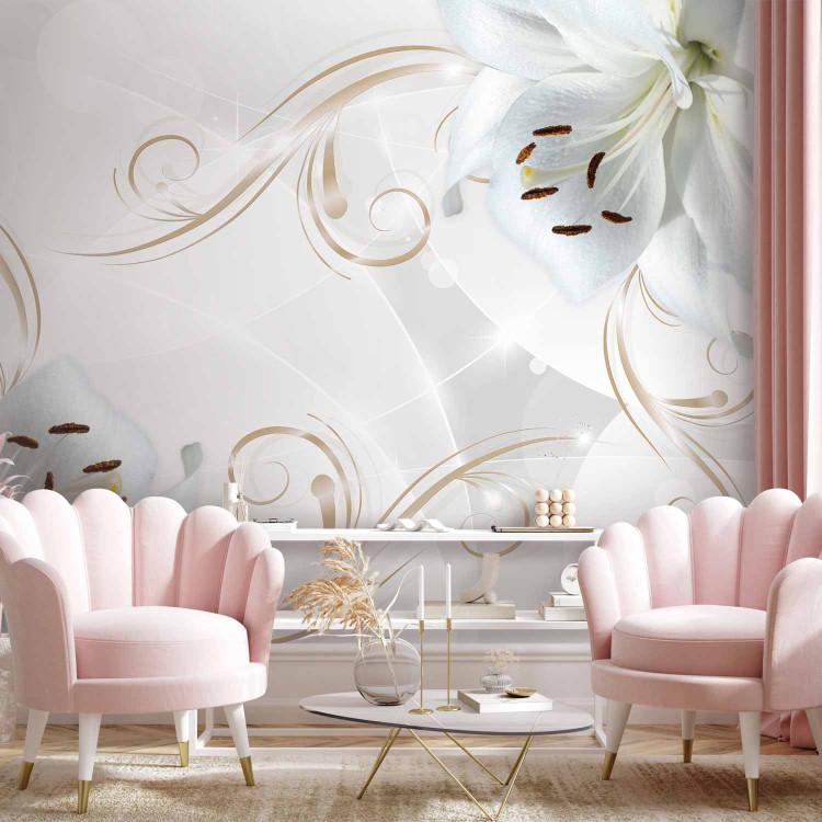 Wall Mural White lilies - flower motif on a subtle background with gold ornaments
