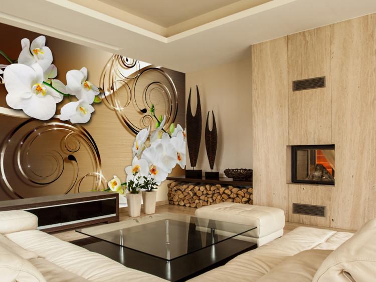 Wall Mural White orchids - floral motif with ornaments on a gold background