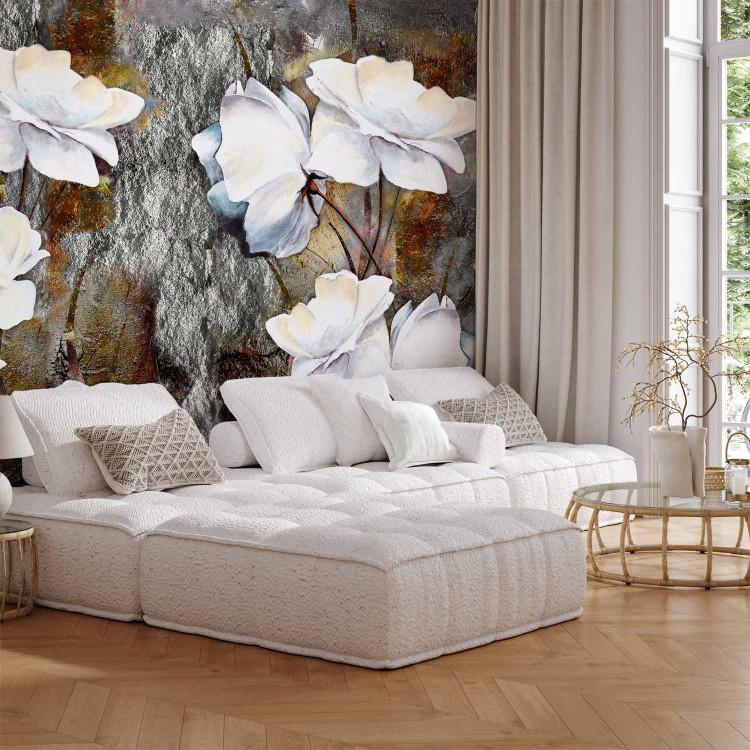 Wall Mural Painted nature - motif of white flowers on a stone background with moss