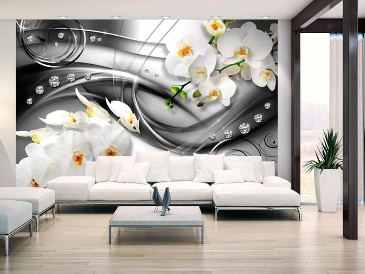 Wall Mural Orchid on silver background - abstract with flower motif and diamonds