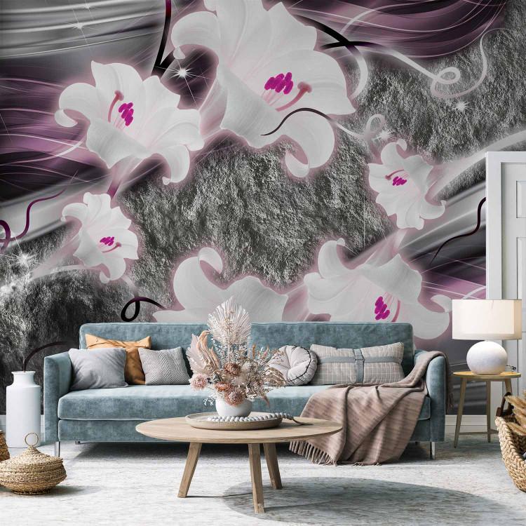 Wall Mural Enchanted lilies - abstract flower motif on grey background with waves
