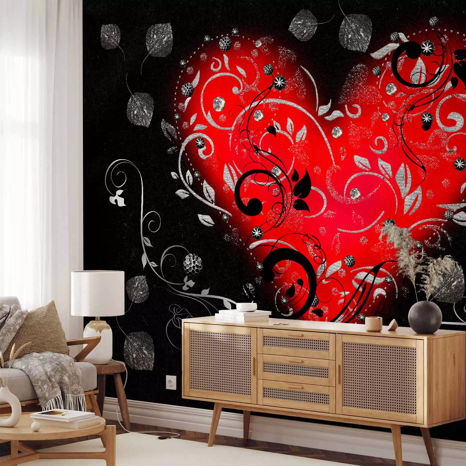 Wall Mural Abstraction with heart - red heart with ornaments on black  background - bimago, image size:1500x1500