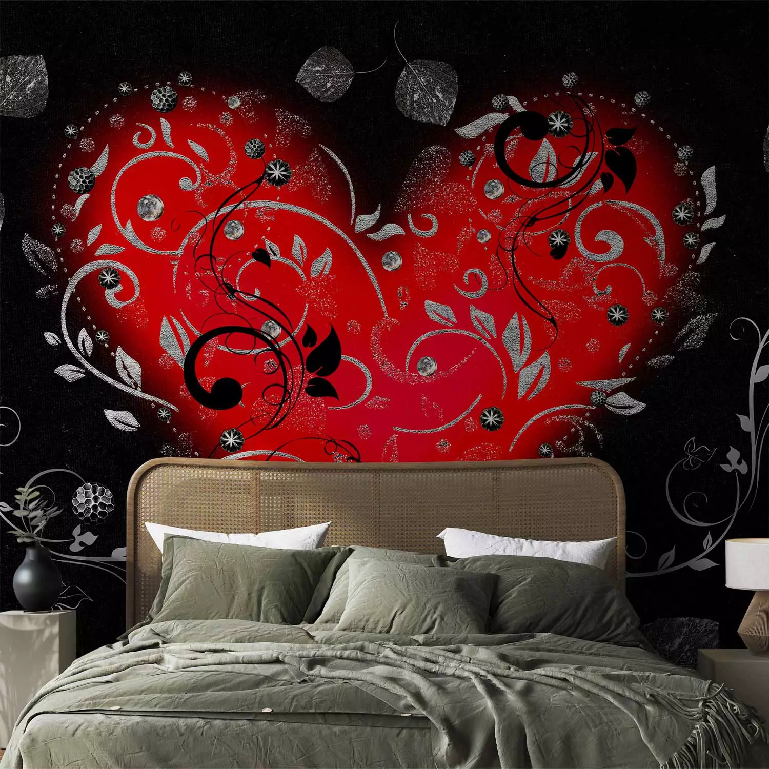 Wall Mural Abstraction with heart - red heart with ornaments on black  background - bimago, image size:1500x1500