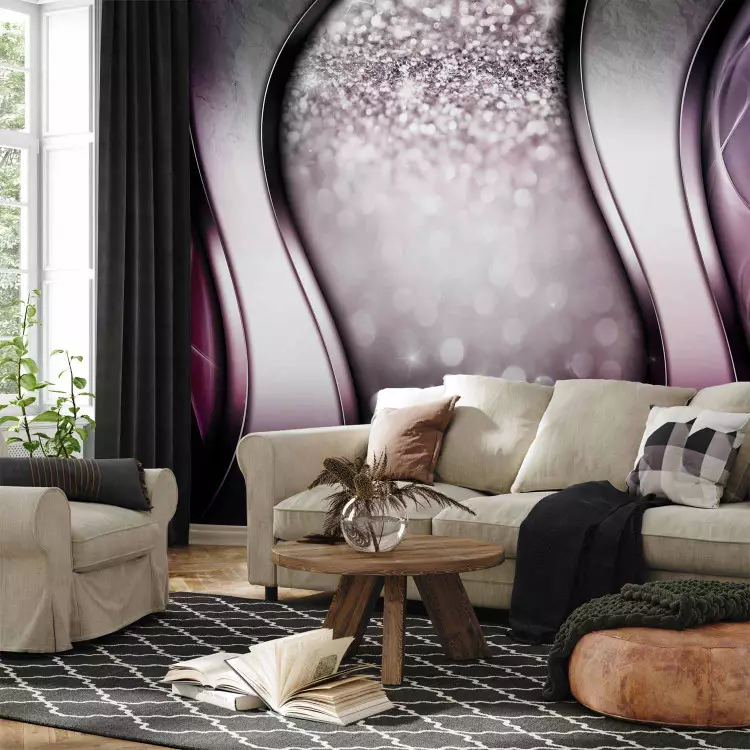 Wall Mural Brocade - a modern silver composition with waves in a purple hue  - bimago