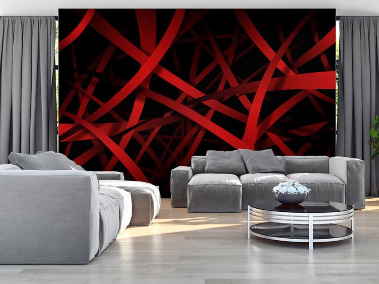 Wall Mural Dark depth - abstract illusion with burgundy stripes on a black background