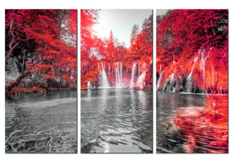 Canvas Ruby Forest Waterfalls - Waterfall Landscape with Red Forest Background