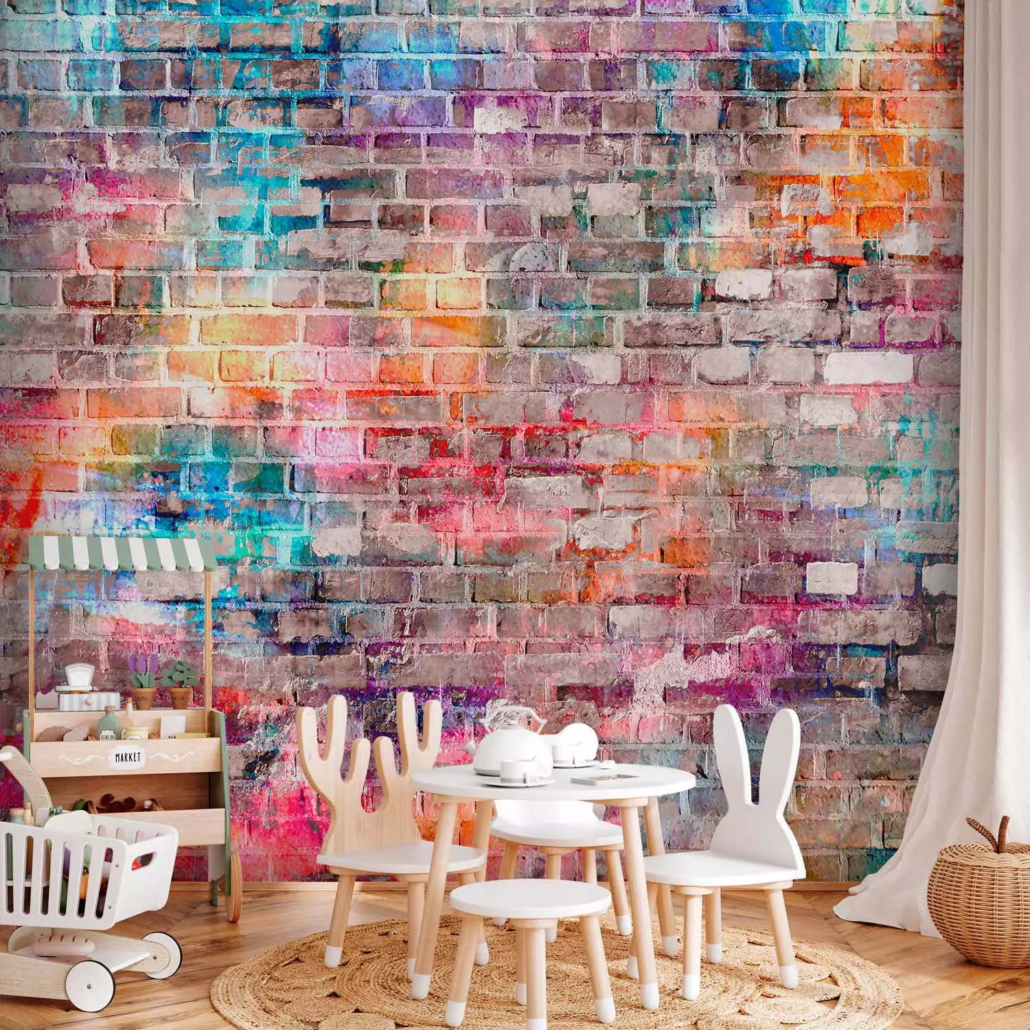 Wall Mural Colours of the rainbow - urban brick wall in a colourful pattern for teenagers
