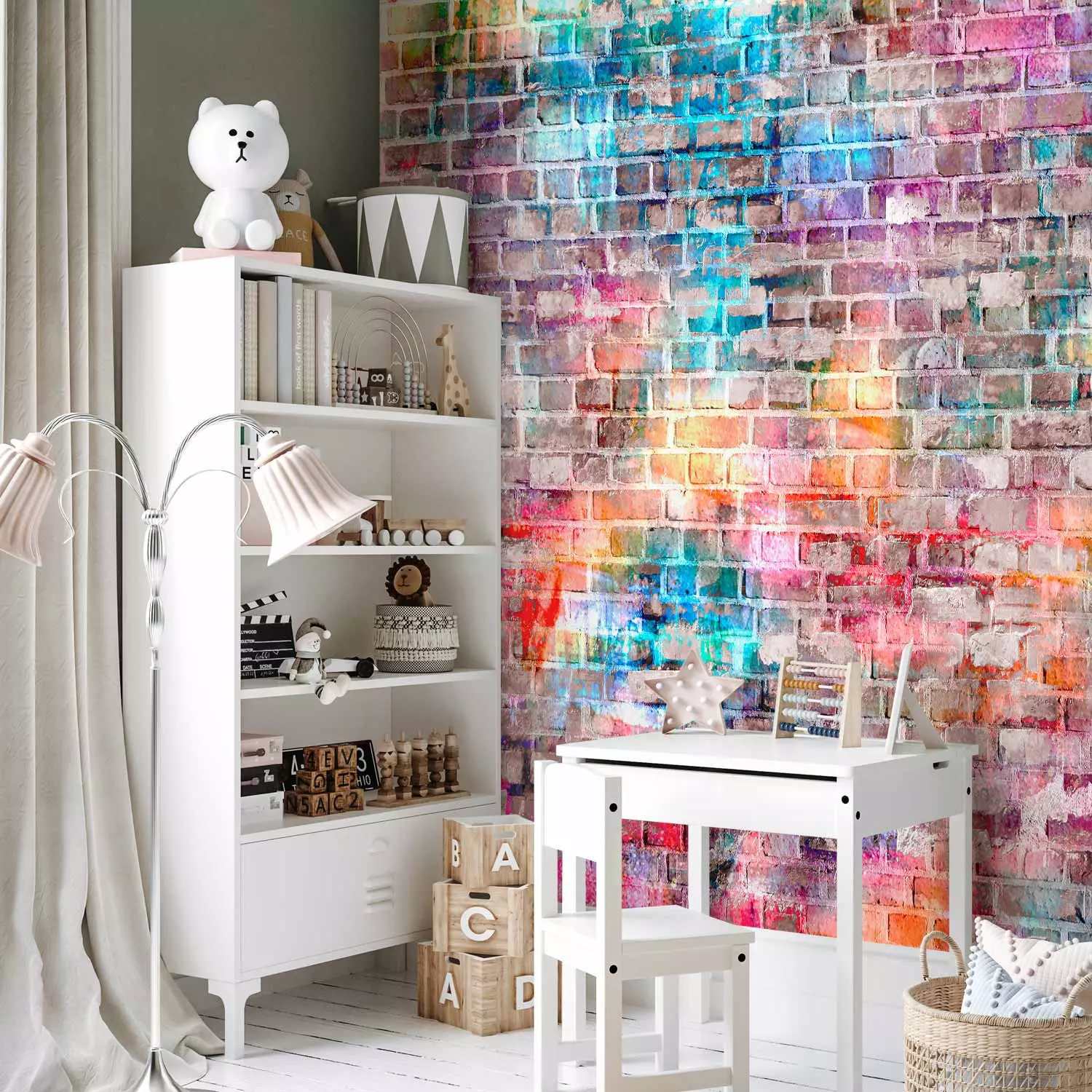 Wall Mural Colours of the rainbow - urban brick wall in a colourful pattern for teenagers