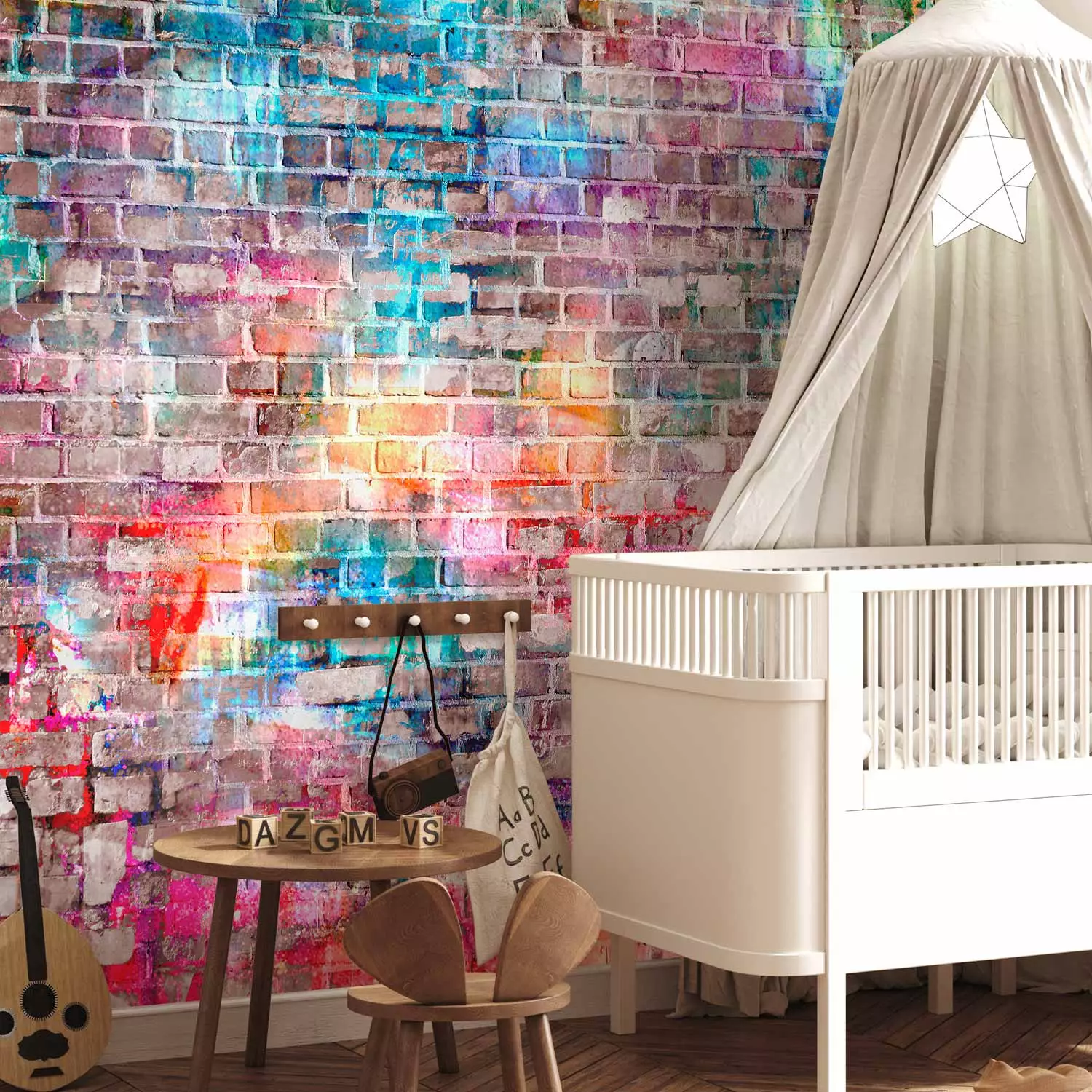 Wall Mural Colours of the rainbow - urban brick wall in a colourful pattern for teenagers