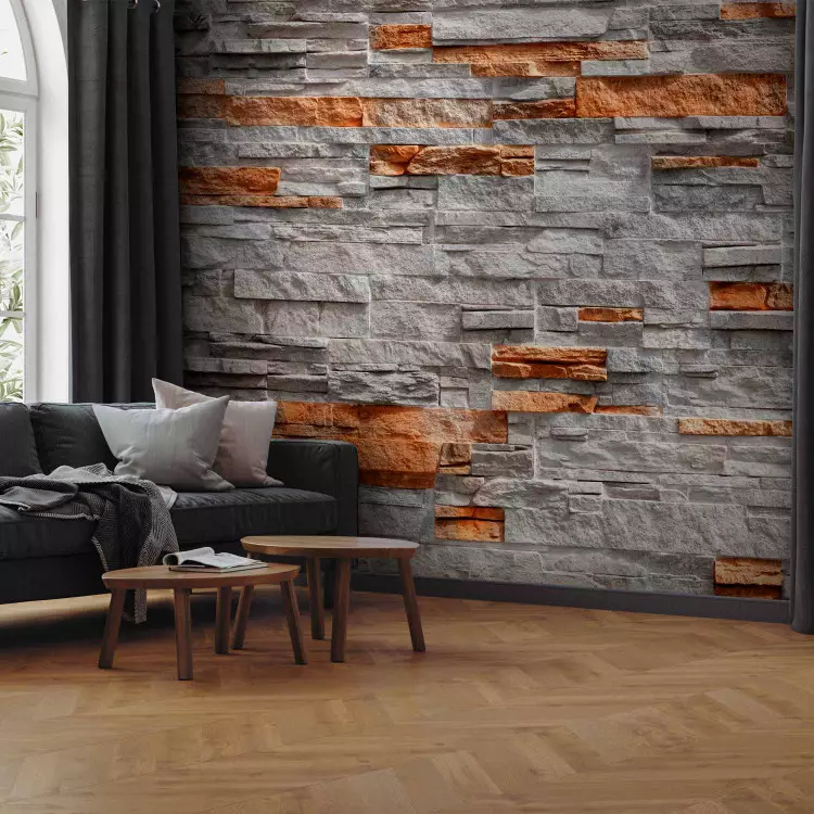 Wall Mural Duet - beige background with stone texture with orange elements