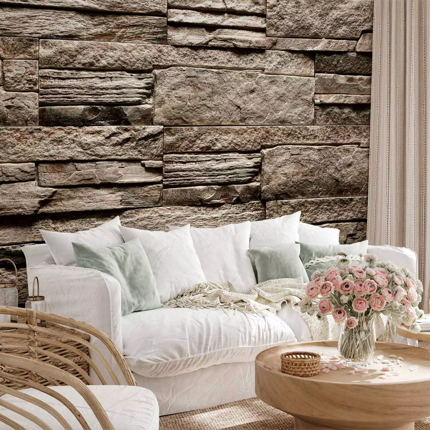 Wall Mural Brown stone - background with irregular texture of stone blocks