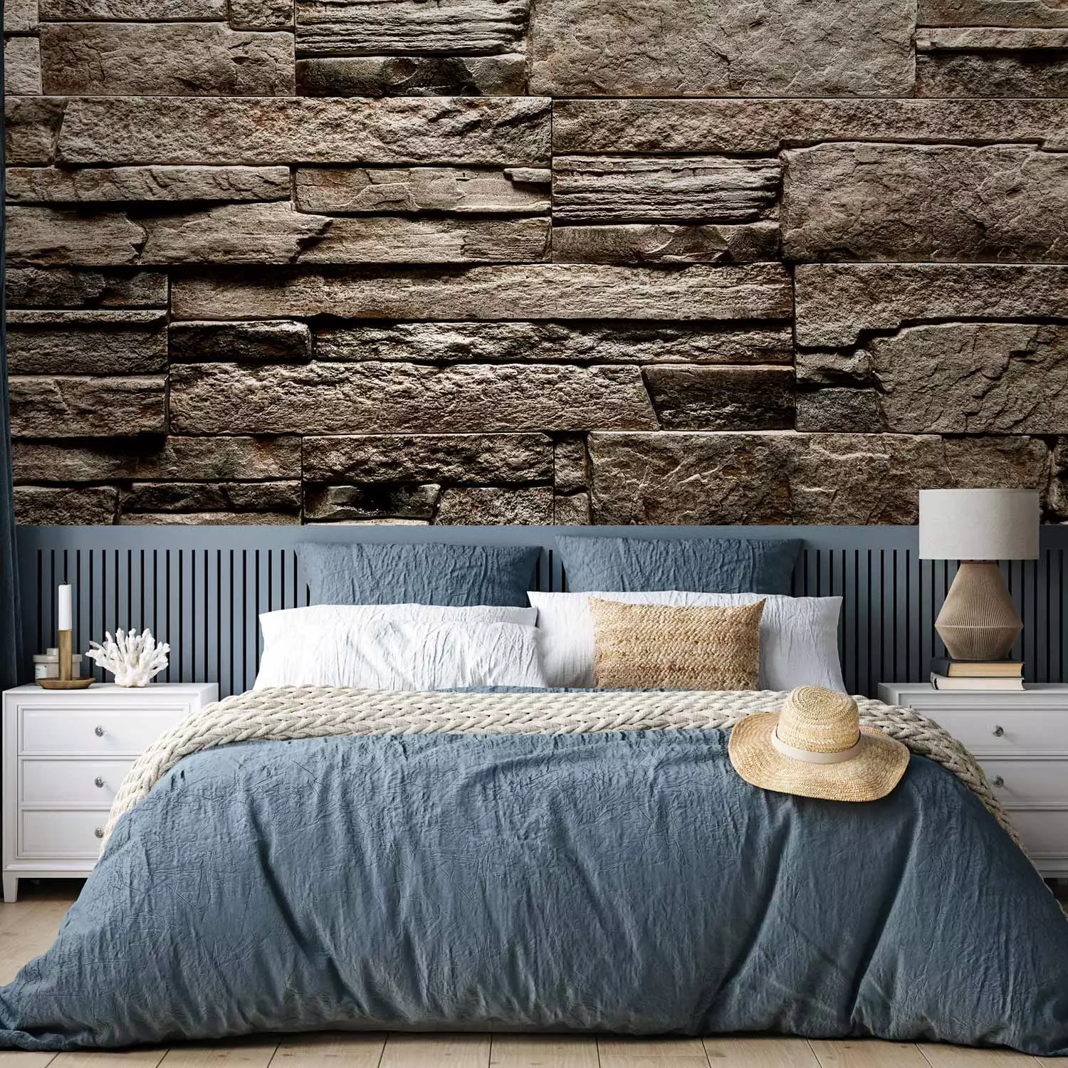 Wall Mural Brown stone - background with irregular texture of stone blocks