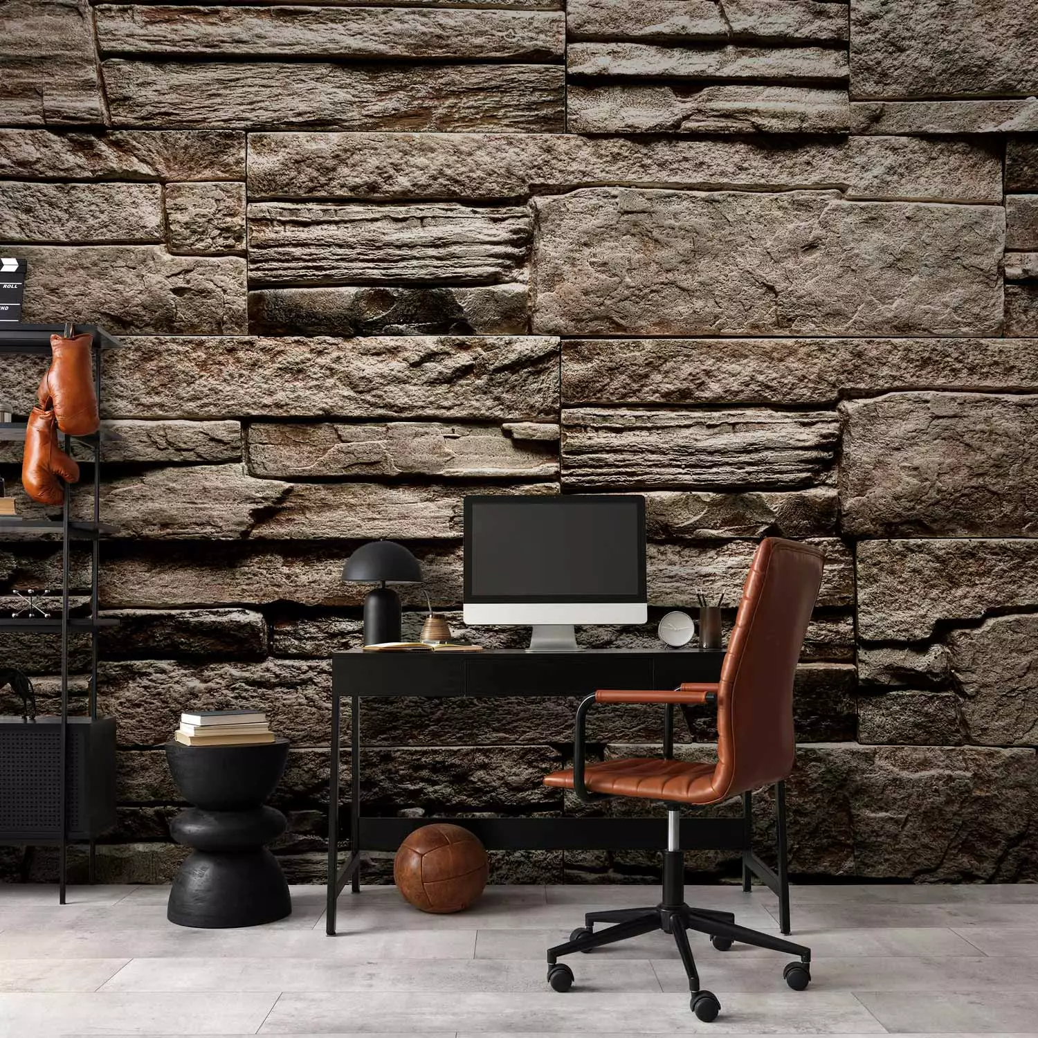 Wall Mural Brown stone - background with irregular texture of stone blocks