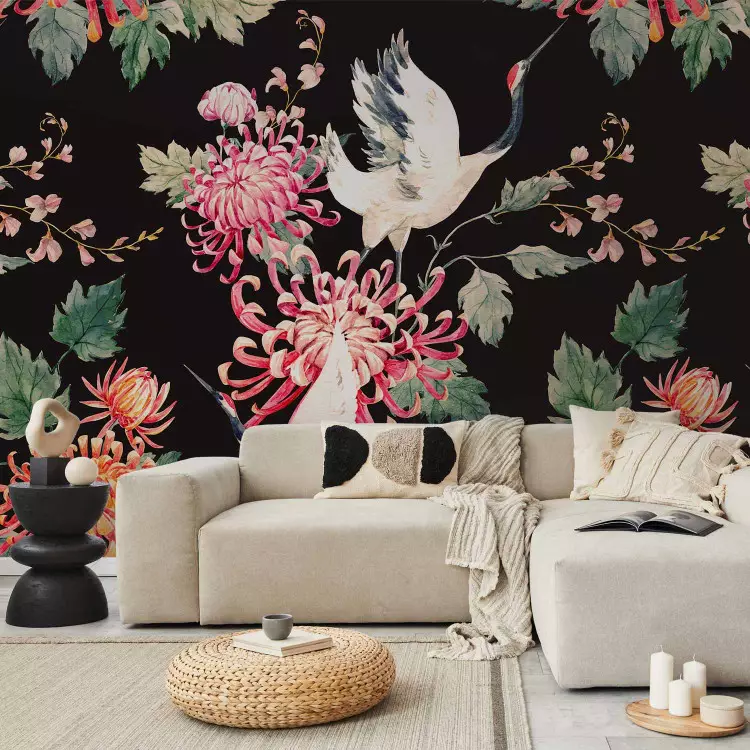 Land of freedom - birds and colourful flowers motif on a black background