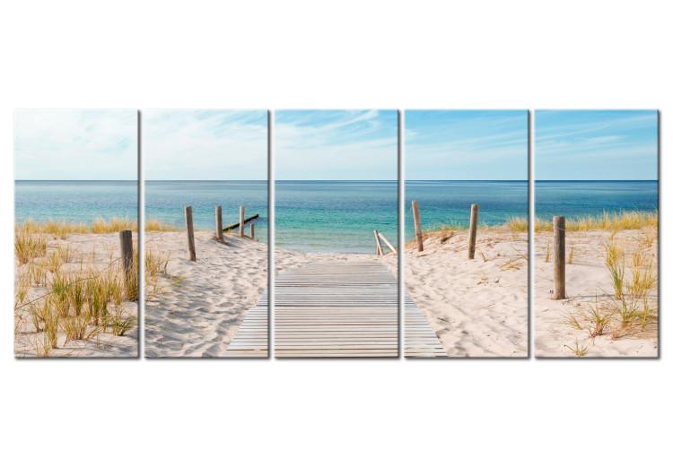 Canvas Path of Peace (5-piece) - Sandy Beach Against a Calm Sea Background