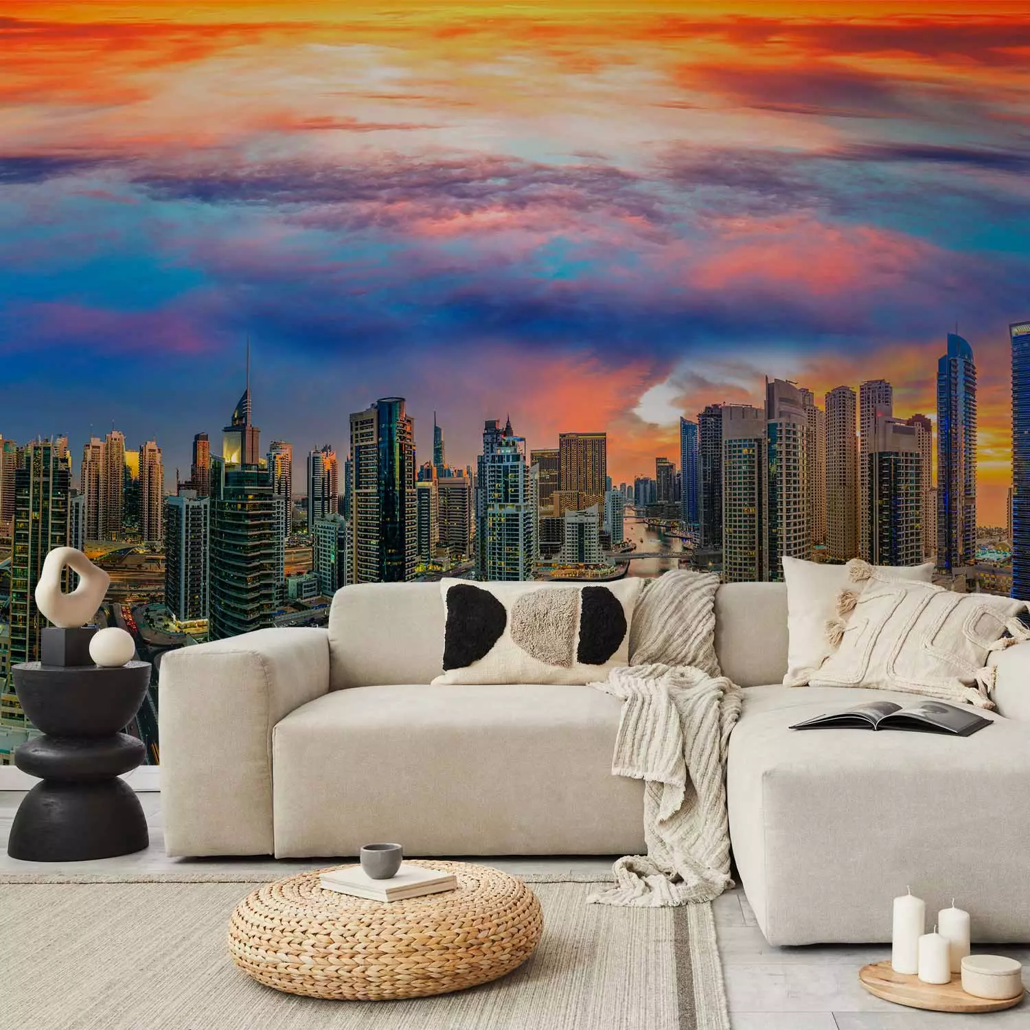 Photo Wallpaper Afternoon in Dubai - city architecture against an orange sky