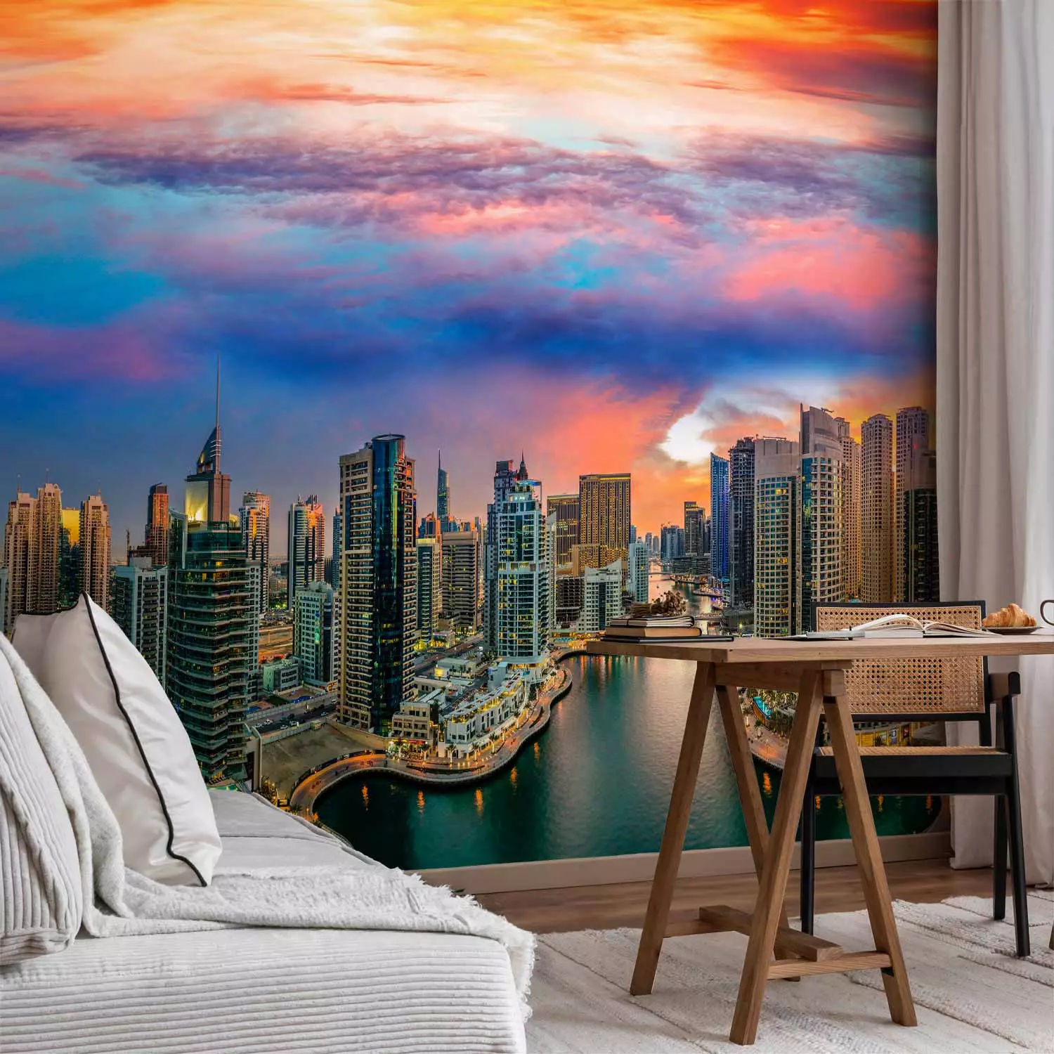 Photo Wallpaper Afternoon in Dubai - city architecture against an orange sky