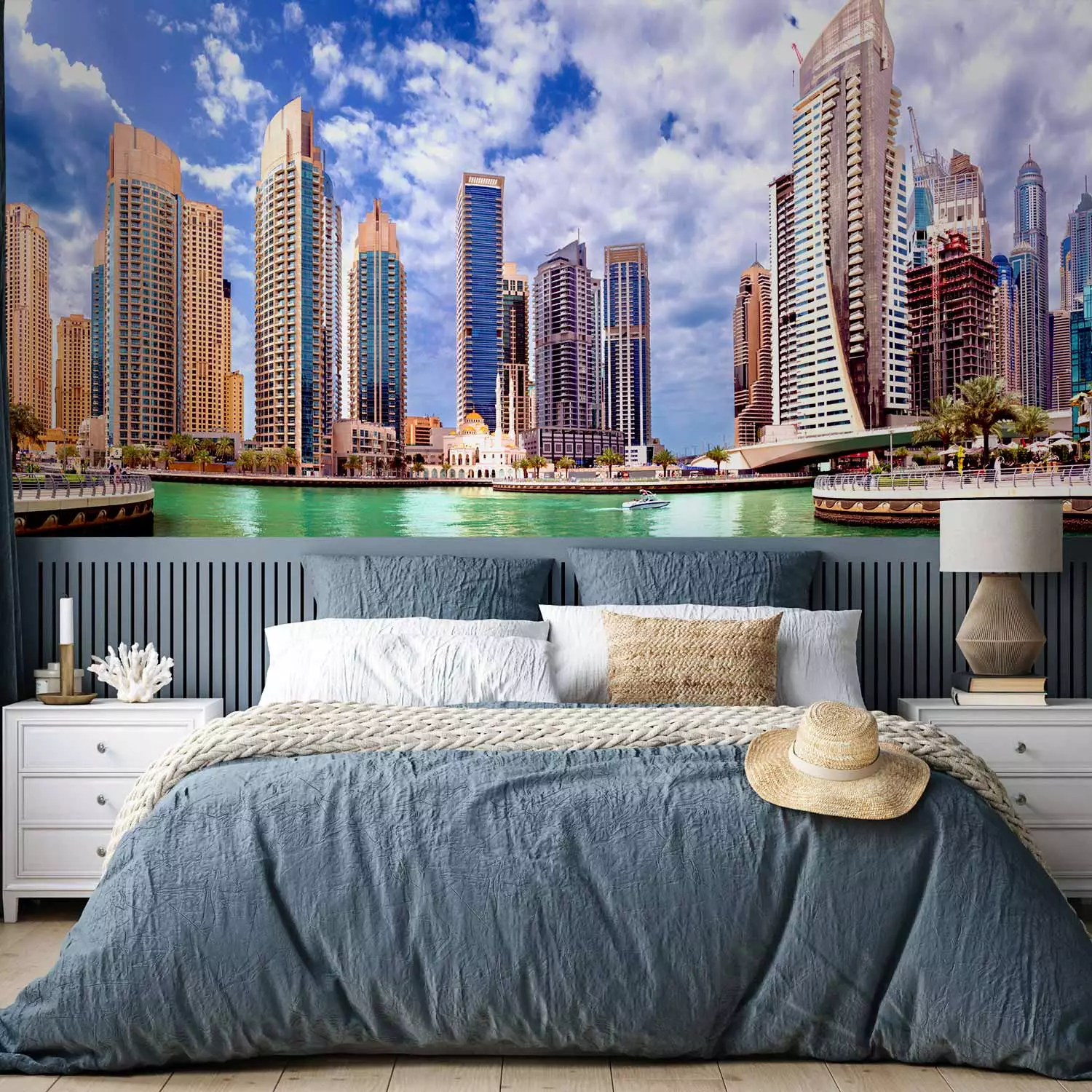 Wall Mural Dubai - white clouds against architecture with modern skyscrapers