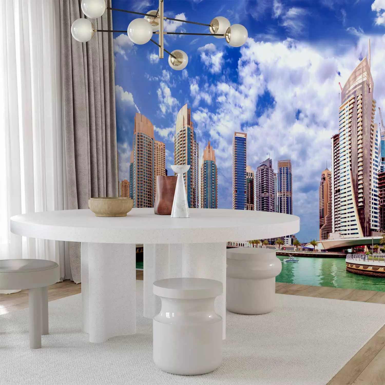 Wall Mural Dubai - white clouds against architecture with modern skyscrapers