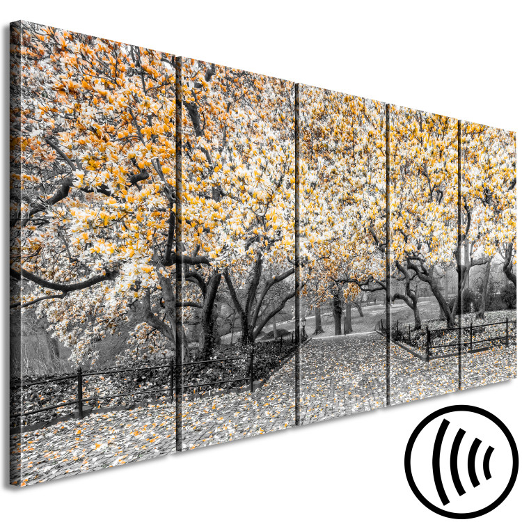 Canvas Art Print Blooming magnolia trees - black and white photo with yellow accents 123100 additionalImage 6