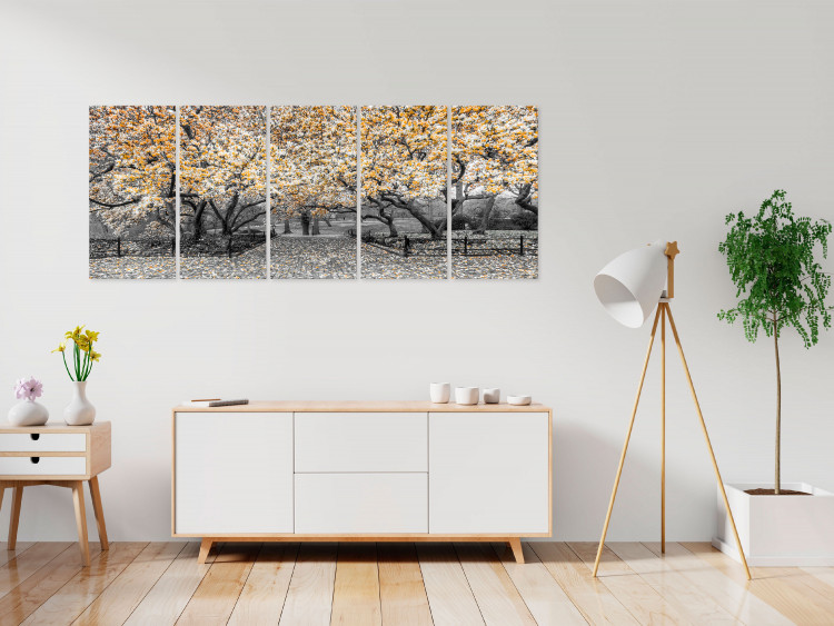 Canvas Art Print Blooming magnolia trees - black and white photo with yellow accents 123100 additionalImage 3