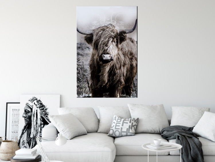Canvas Highland Cow in Sepia - wild animal with long hair on a light background 134700 additionalImage 3