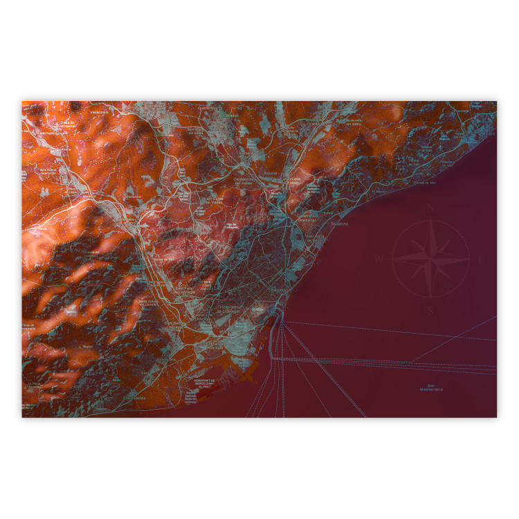 Wall Poster Barcelona Vicinity - abstract and red composition of Barcelona map 135700
