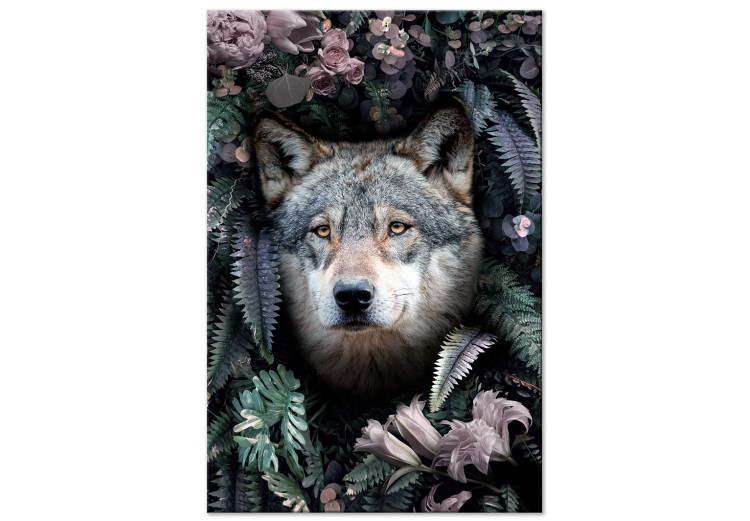 Canvas Art Print Wolf in Flowers (1-piece) Vertical - nocturnal animal amidst leaves 138600