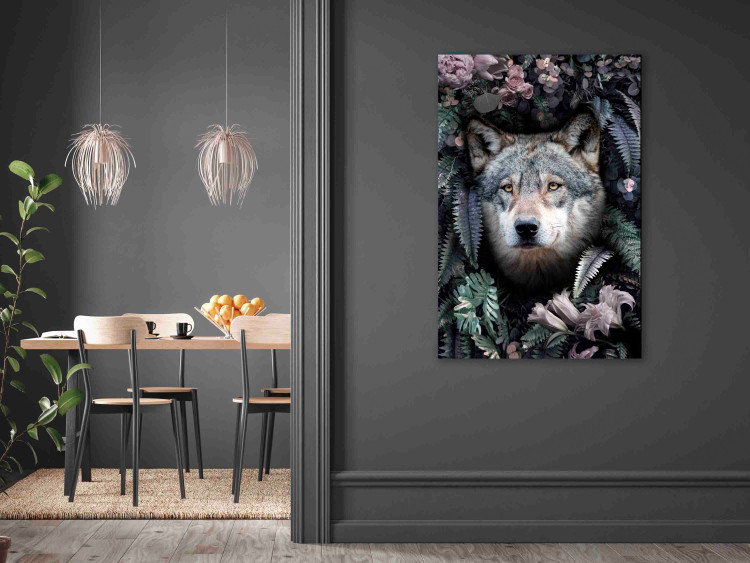 Canvas Art Print Wolf in Flowers (1-piece) Vertical - nocturnal animal amidst leaves 138600 additionalImage 3