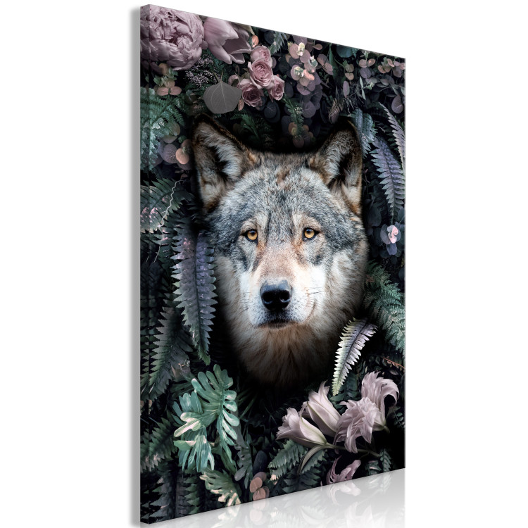 Canvas Art Print Wolf in Flowers (1-piece) Vertical - nocturnal animal amidst leaves 138600 additionalImage 2