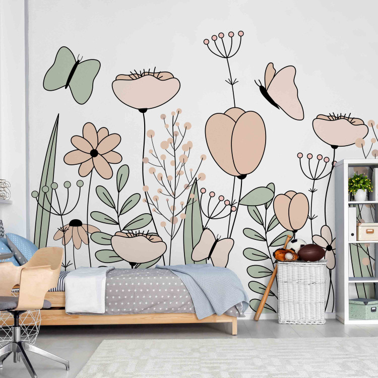 Wall Mural Drawn field meadow - graphic linear pink flowers leaves and butterflies 144600 additionalImage 6