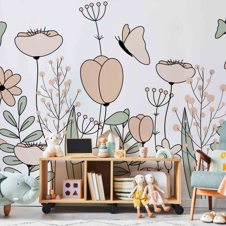 Wall Mural Drawn field meadow - graphic linear pink flowers leaves and butterflies 144600 additionalImage 4