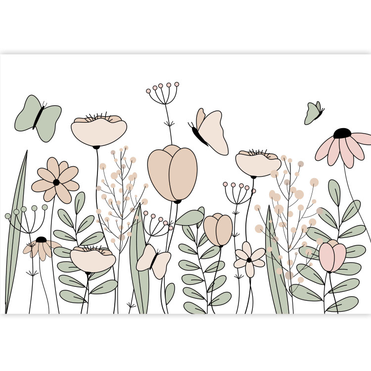 Wall Mural Drawn field meadow - graphic linear pink flowers leaves and butterflies 144600 additionalImage 3