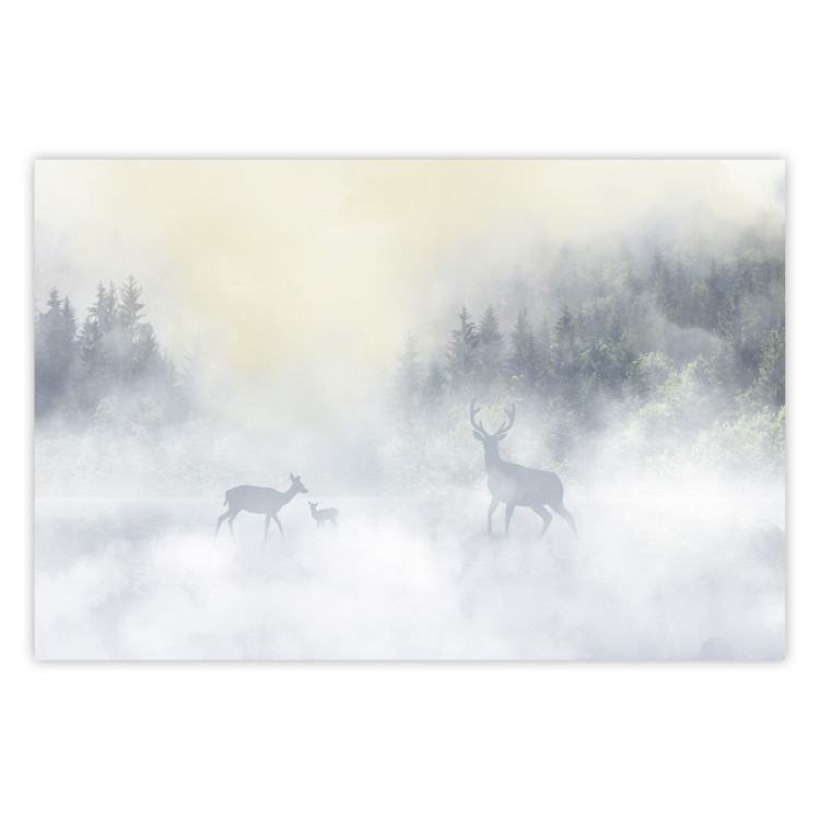 Wall Poster Roe Deer and Deer in the Fog - Animals Against the Background of Forests, Lake and Mountains 145300