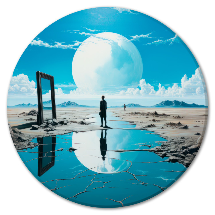 Round Canvas Mirror Impressions - A Figure Reflected in Water With the Moon in the Background 151600