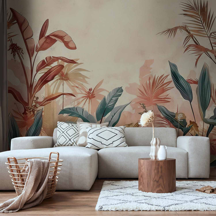 Wall Mural Tropical Leaves - Composition With Plants on a Terracotta-Colored Background 160000