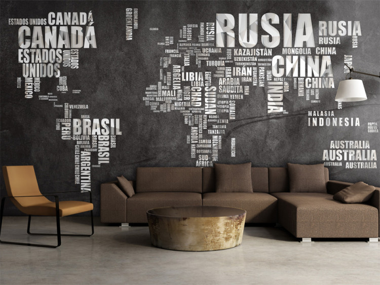 Photo Wallpaper Gray and Black Continents - World Map with Spanish Text 60000
