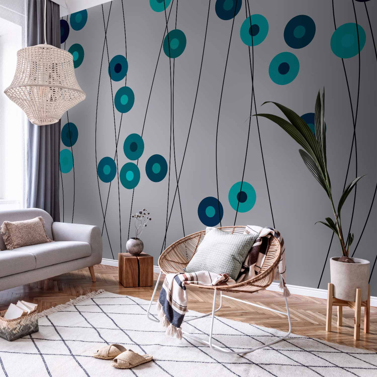Wall Mural Buttons - Geometric Patterns with Turquoise Elements on a Gray Background 60700