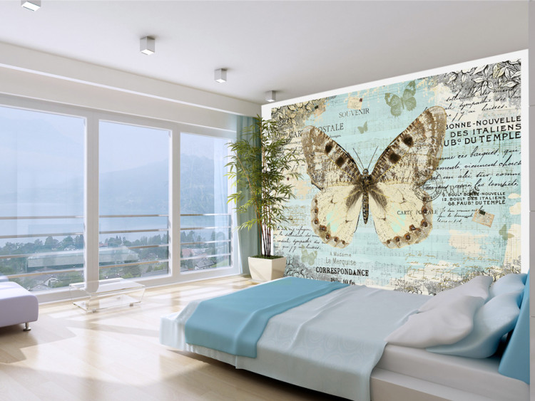 Wall Mural Postcard with a Butterfly - Butterfly on a blue background with retro captions and notes 61300