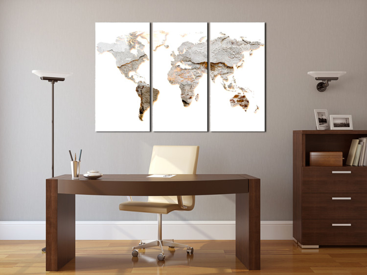 Canvas Art Print Concrete Continents (3-piece) - Gray World Map on a White Background 93800 additionalImage 3