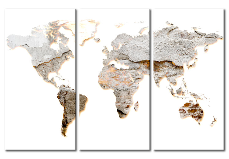 Canvas Art Print Concrete Continents (3-piece) - Gray World Map on a White Background 93800