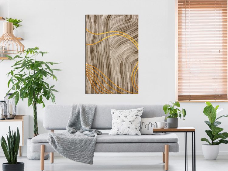 Canvas Art Print Fluctuations - abstract background with waves cut with golden ribbons 119110 additionalImage 3